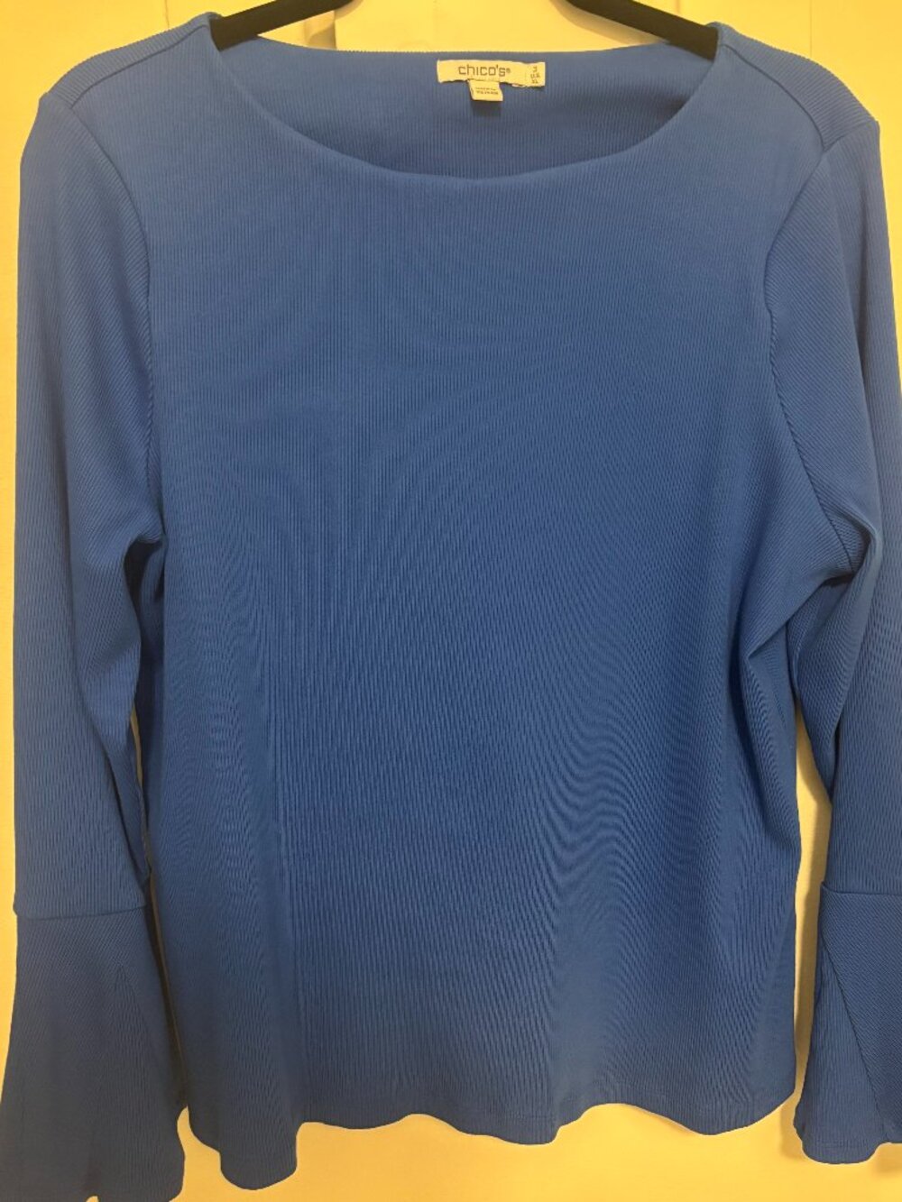 Chico's Blue Ribbed Knit Scoop Neck Bell Long Sleeve Pullover Top XL